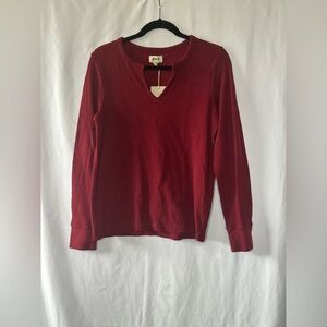 PACT Organic Cotton Waffle Knit Split Neck Long Sleeve Top Red Womens M NWT